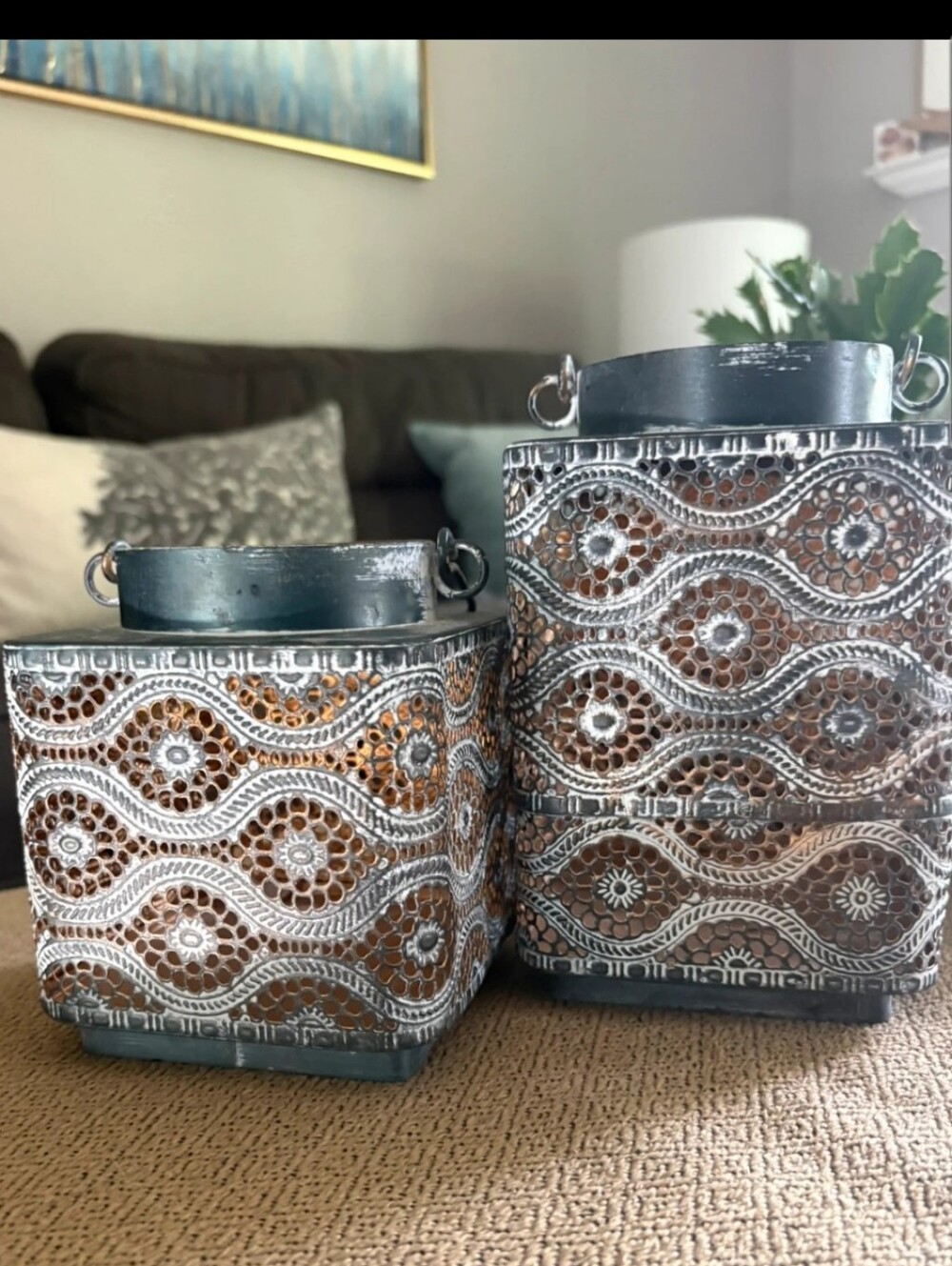 Distressed Metal, Filigree Lanterns, Antique Silver/Copper, 2pc Set